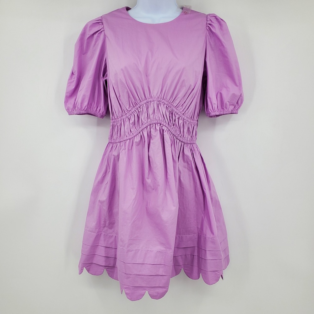 English Factory Lilac Purple Puff Sleeve Smocked Mini Dress Scalloped Hem S Flaw